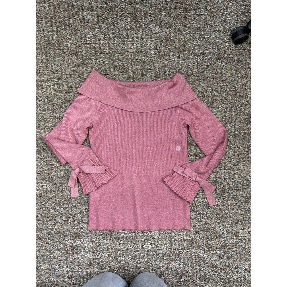 Ny&Co Shimmery Pink Off the shoulder Long Sleeve Ruffle Cuff Bow Sweater Large